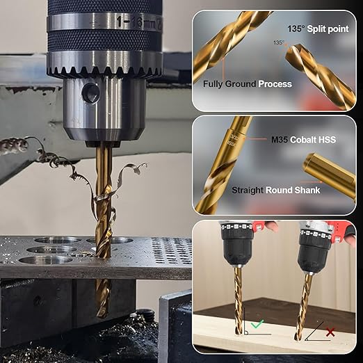 Luckyway 3/32" Cobalt Drill Bit (10 Pcs), Jobber Length Twist Drill Bit Set for Hard Metal, Stainless Steel, Cast Iron, Wood and Plastic, with Storage Case