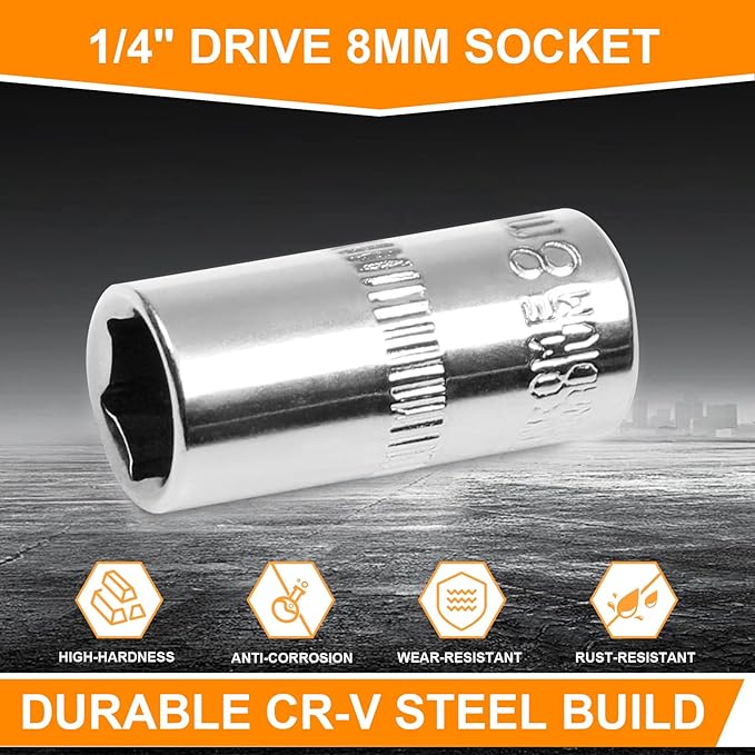 Utoolmart 1/4" Drive 8mm Socket, Shallow Socket Set, for General Repairs, 6-Point, Metric, Cr-V, 2pcs