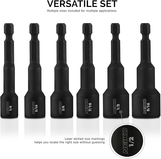 NEIKO 10190A Magnetic Nut Driver Set, 6 Piece Impact Nut Driver Set, SAE, 1/4” to 9/16”, 2-9/16” Long Nut Driver Bit Set for Impact Drill, Cr-V