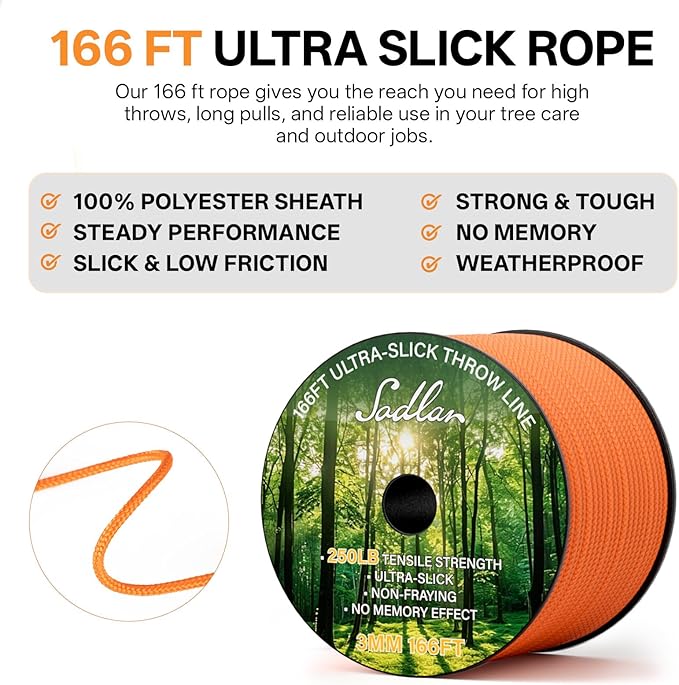 Arborist Throw Line Kit - Ultra Slick 166ft Polyester Rope with 9Oz Weight Throw Bag Low High Limb Throwing Adults Forestry Tree Trimming Cutting GEA