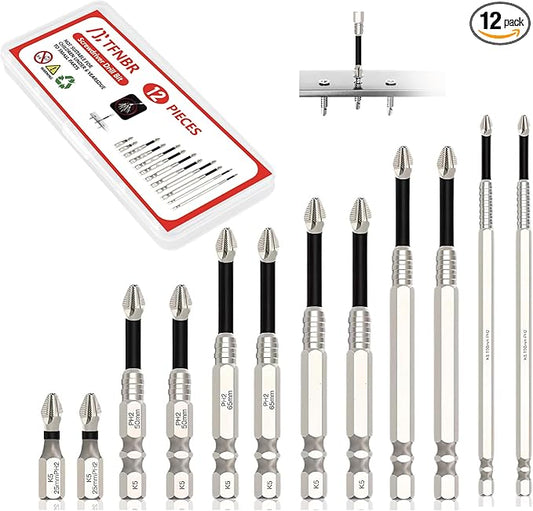 Anti Slip Screwdriver Bits, 12-Piece High-Magnetic Screwdriver Drill Bit Set, Magnetic Screwdriver Bit Set for Electric & Impact Drivers, 25 50 65 70 90 150mm Drill Bit Set