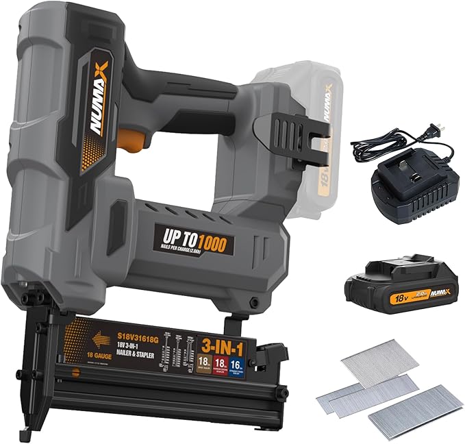 NuMax 18V Cordless 3-in-1 Nail Gun Kit ??2" 16 & 18 Gauge Finish Nailer, Brad Nailer, and Narrow Crown Staple Gun ??Includes Battery, Charger & Fasteners ??S18V31618G