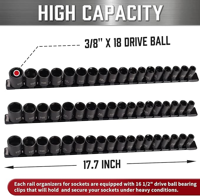 ALOANES 3-Piece 3/8-Inch Drive Aluminum Alloy Socket Organizer, Heavy Duty Socket Racks, Socket Holder Kit for Toolbox Drawer Fit 3/8-Inch x 54 Clips (Black)