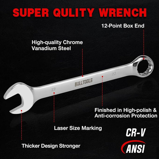 BULLTOOLS 32-Piece Combination Wrench Set, SAE and Metric 1/4"-1" & 7mm-22mm Wrenches Chrome Vanadium Steel Box End and Open End Standard Wrench Set with Case