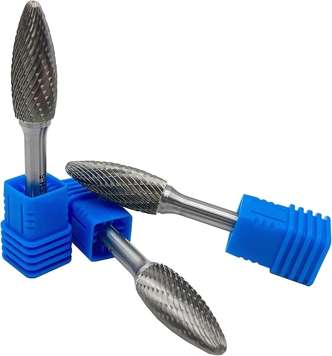 LU&MN SH-5 Tungsten Carbide Burr Rotary File Flame Shape Double Cut (1/2??Cutter Dia X 1-1/4?쒬utter Length) with 1/4'' Shank Dia,3PCS