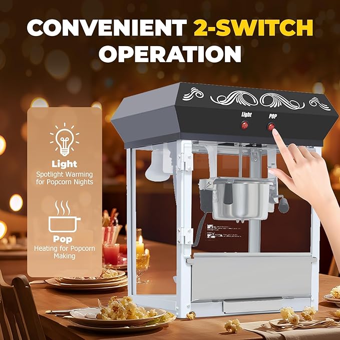 8 Oz Popcorn Machine Cart, 650 W, Popcorn Maker Machine with Stainless-Steel Kettle, Movie Theater Popcorn Machine with Steel Frame Tempered Glass Doors & Heated Warming Deck, Black