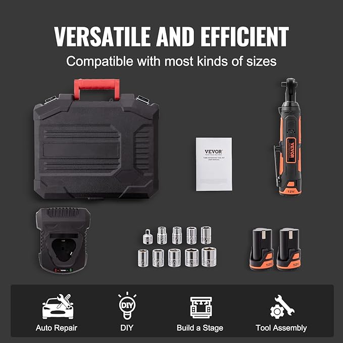 VEVOR 3/8" Cordless Electric Ratchet Wrench Set, 33 Ft-lbs 12V Power Ratchet Tool Kit with 45-Min Fast Charge, 2-Pack 2.0Ah Battery, Built-in LED Light, Variable Speed Trigger, 10 Sockets