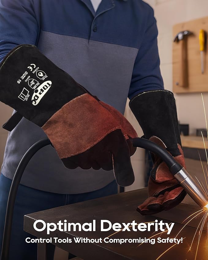 TOPDC Welding Gloves 16Inch 1000?덳eat/Fire Resistant Reinforced Leather Fireproof Gloves with Kevlar Stitching for Mig, Tig, Stick, Forge, BBQ, Grill, Oven, Fireplace, Furnace, Animal Handling, LARGE