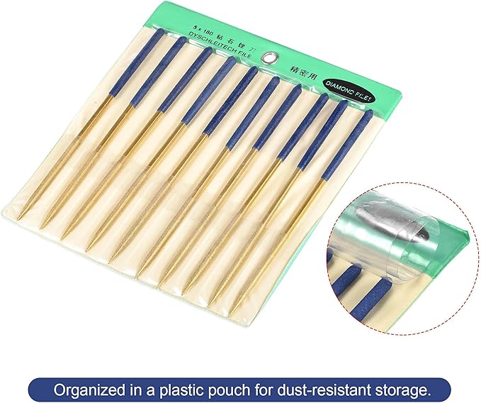 uxcell Diamond Needle File Set 5mm x 180mm, Round Files Titanium Coated Tools for Metal Wood Stone Glass, 10pcs