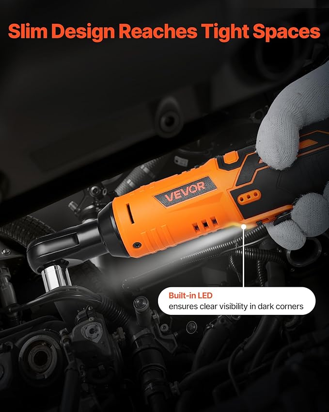 VEVOR Cordless Ratchet Wrench, 3/8 inch Drive, 240 RPM, up to 33 ft-lbs of Torque, Battery Powered Electric Ratchet Wrench Set with Two 2.0Ah Batteries, Charger, Sockets, Adaptor and Extension Bar