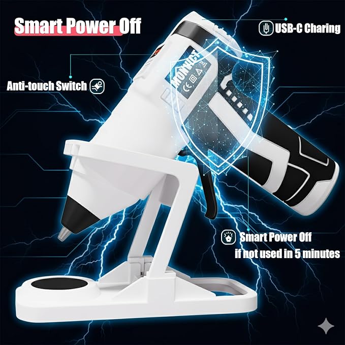 MONVICT Cordless Hot Glue Gun with Holder Base - Digital Display & Adjustable Temp, Smart Auto-Off, Stand with Silicone Pad, 7.4V 2.6A Rechargeable Battery, 10 Glue Sticks, Fast Heating for DIY Crafts