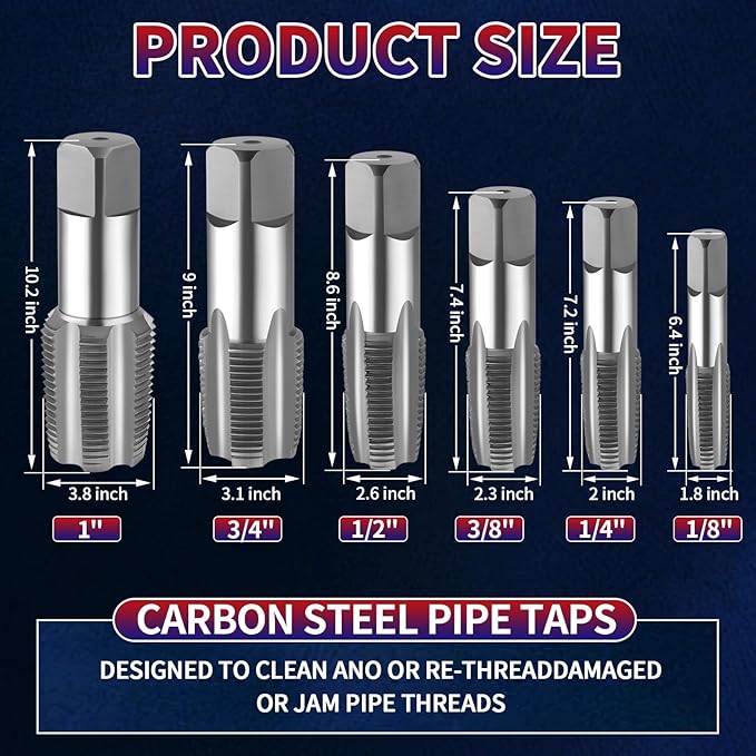 FANOVO 6pcs NPT Pipe Tap Set, Precision Carbon Steel NPT Threading Plumbing Tap Tap Plastic Case Kit with 1", 3/4", 1/2", 3/8", 1/4", 1/8" NPT Tap, for Plumbers Mechanics DIYers Clean Accurate Threads