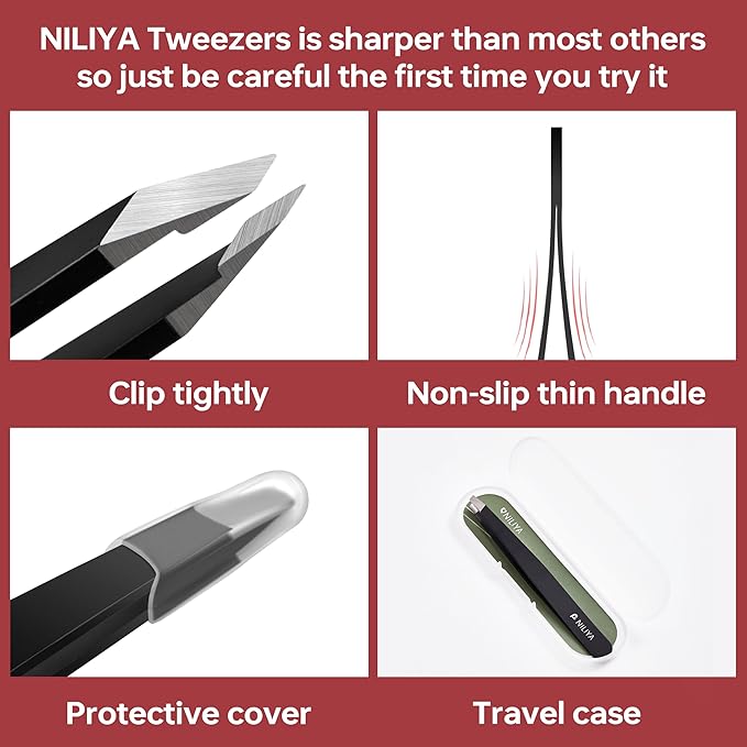 Tweezers for Women Facial Hair, Precision Slant Eyebrow Tweezers, Sharp Plucker for Remove Hair and Blackhead, With Travel Case（Black)