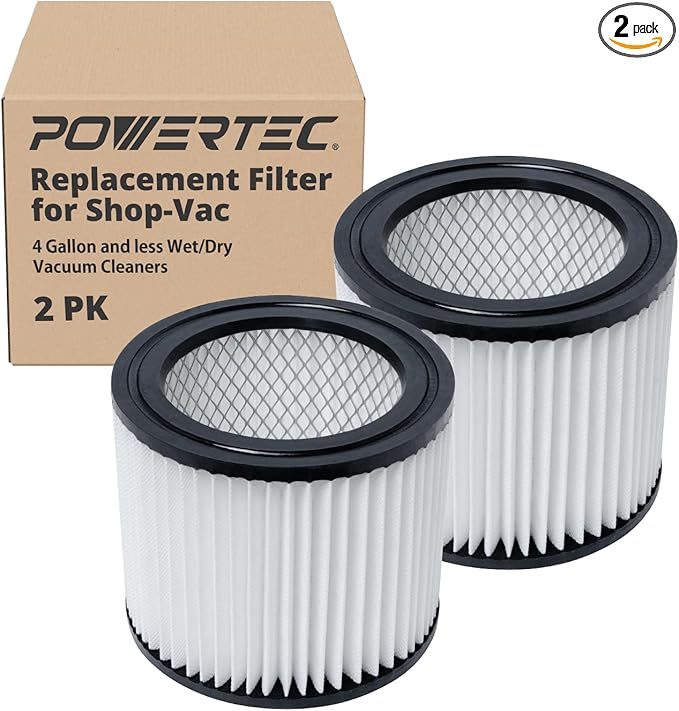 POWERTEC 90398 Cartridge Filters 2PK for Shop Vac, 9039800, 9039833 Type AA Replacement Filters, Fits Shop-Vac Most 4 Gallon and Less Wet/Dry Vacuum Cleaners (75083-P2)
