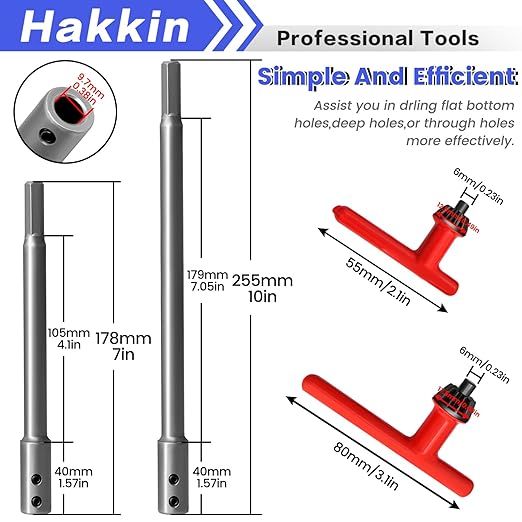 Hakkin 2Pcs 7”＆10” Forstner Bit Extension for 3/8", Hole Saw Extension for Adding Over 5-3/4 to 8-3/4 Inches of Drilling Depth, Forstner Drill Bit with Chuck Press Wrench Key (10+13mm)