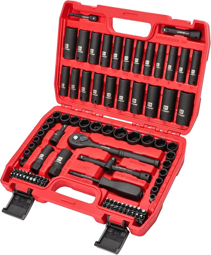 LLNDEI 3/8?쒭rive Impact Socket Set,Standard SAE(5/16 to 3/4-Inch) Metric Size(8-22mm), 95 Piece, CR-V Steel Deep&Shallow Kit, Adapters, Ratchet Handle, Screwdriver Bit Set, Spark Plug Socket, 6 Point