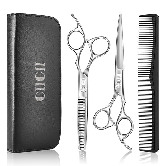CIICII Hair Cutting Scissors Shears Kit, Professional Barber Haircut Scissors Set (6.7 Inch Hair Beard Hairdressing Trimming Haircutting Thinning Shears) for Men Women Hairdresser Home Salon (Silver)
