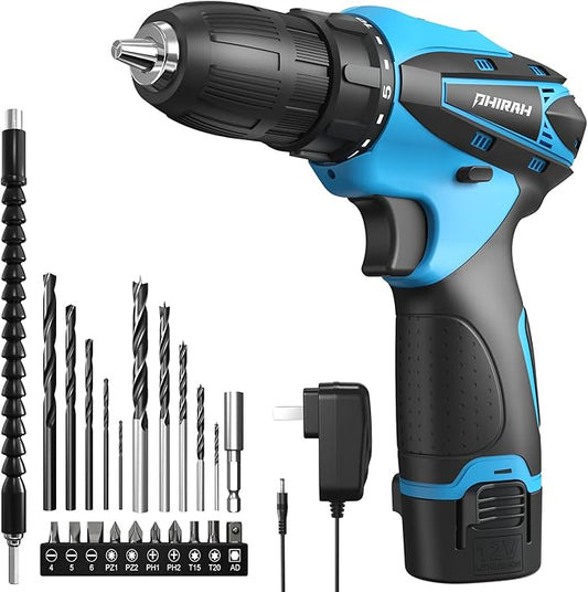 Cordless Drill Set, 12V Power Drill Kit with Battery and Charger, 3/8" Keyless Chuck, 25+1 Torque Setting, Built-in LED, Electric Driver Tool for Home DIY Projects (Blue)