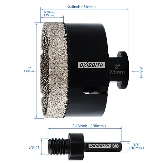 DKIBBITH 3'' Dry Diamond Core Drill Bit 75mm Diameter Tile Bits Vacuum Brazed Angle Grinder Hole Saw for Porcelain Ceramic Granite Brick Concrete with 5/8-11 Thread to 3/8'' Hex Shank Adapter, Black