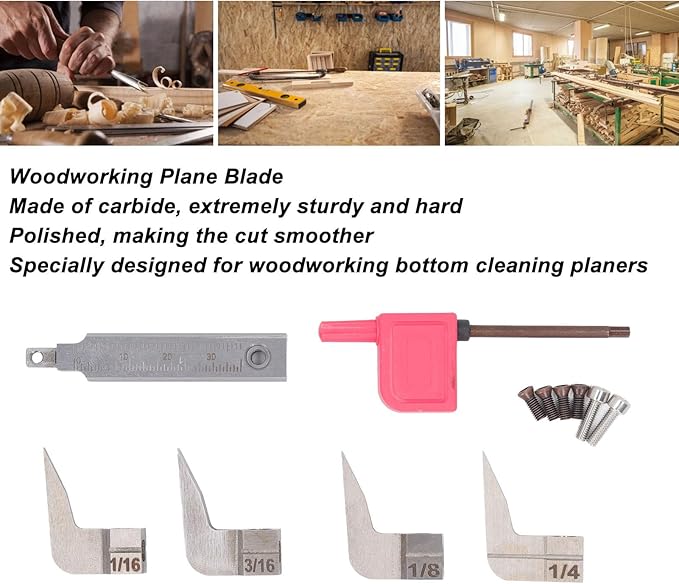 4 Pcs Carbide Router Plane Blades Set 1/16 1/8 3/16 1/4 Inch for Woodworking Hand Planer, Sturdy and Cutting Replacement Blades with Storage Box