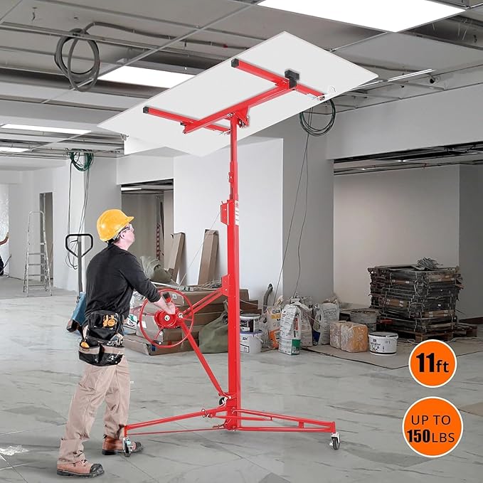11 FT Drywall Lift Panel Rolling Hoist Jack Lifter, Sheetrock Lift Drywall Lift, Foldable Adjustable Drywall Jack Lift for Ceiling and Walls and Home Improvement, with 3 Lockable Wheels, Red