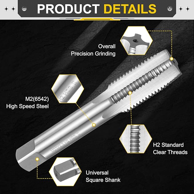 uxcell Hand Plug Tap M23 x 2.5 H2 Metric Thread Plug Style Taps Straight Flute Screw Tapping Threading Tool High Speed Steel HSS6542