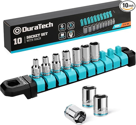 DURATECH 1/4" Drive Socket Set, Metric Socket Set 10PCS, Mechanic Metric Socket Sets with Storage Rack, 6-Point Shallow Socket Set, 4mm, 5mm, 6mm, 7mm, 8mm, 9mm, 10mm, 11mm, 12mm, 13mm