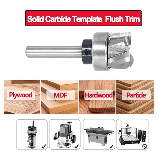 Spiral Flush Trim Router Bit 1/4 Shank, Carbide Head 3-Flute, 3/4" Diameter, 3/8" Cutting Length, Pattern Template Flush Trim Router Bit, for Grooves, Bottom Cleaning, Wood Trimming