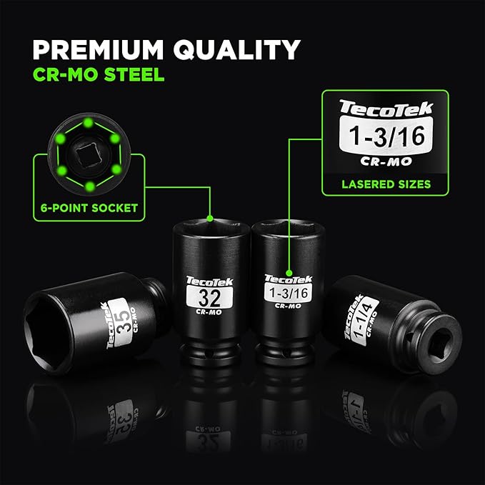 1/2" Drive Deep 6-Point Impact Socket Set, 21-Piece Spindle Axle Nut Impact Socket Set, CR-MO, SAE (1-1/16-Inch to 1-5/8-Inch) and Metric (27mm to 41mm)