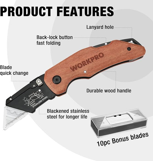 WORKPRO Folding Utility Knife with Stainless Steel Head, Quick-change Blade & Back Lock, Wood Handle Heavy Duty Box Cutter, 1PC Razor Knife with Extra 10PC SK5 Blades