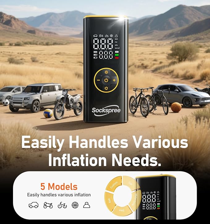 Tire Inflator Portable Air Compressor 5 in 1 Cordless Smart Pump with Tire Pressure Gauge 150PSI and LED Lights for Cars Bikes Motorcycle Balls Custom Mode Inflatables Yellow Black