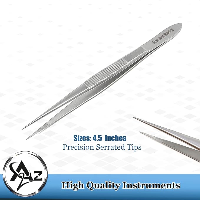 Stainless Steel High Precision Forceps with Fine Strong Straight Serrated Point to use Engineer Labware for Scientific Use (4.5 Inch)