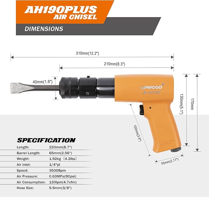 UW-AH190Plus Medium Barrel Air Hammer Kit with Quick Change Retainer and 4 Chisels, 2-5/8 Inch Stroke, 3500 BPM, Light weight (AH190P - Middle Barrel)