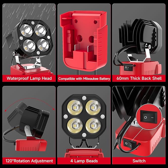LED Work Light Compatible with Milwaukee 18V Battery, Azocek 40W 6000LM Flashlight, 18V Battery Cordless Work Light 120째Adjustable with Low Voltage Protection for Outdoors and Job Site Lighting