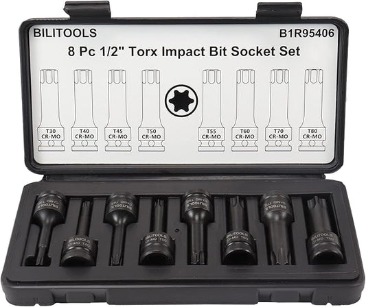 BILITOOLS 8-Piece Impact Torx Bit Socket Set 1/2 inch Drive, T30-T80, Cr-Mo Steel