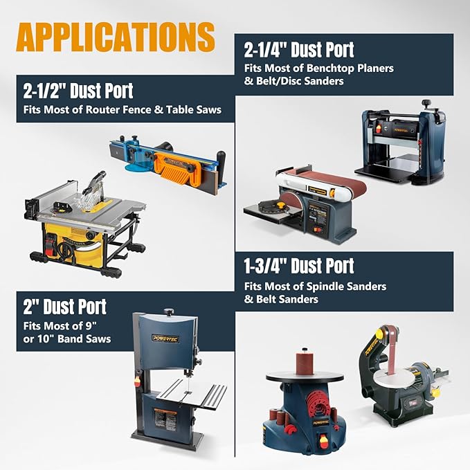 POWERTEC 70512 10 Ft. Vacuum Hose Dust Collection Kit w/ 4 Quick Change Fittings, Tapered Reducers and Quick Connect Dust Port Adapter for Miter Saw, Track Saw, Jigsaw, Orbital Sanders, Woodworking