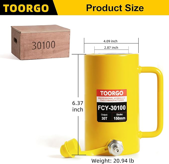 30T 4Inch Stroke Porta Power Single Acting Lifting Cylinder for Shipbuilding, Machinery and Industry,Automatically Retract Split Hydraulic Cylinders Jacks, Yellow