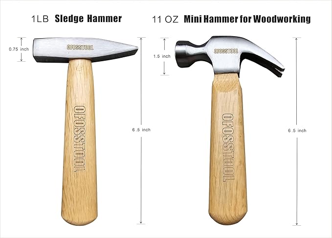 4PC Mini Hammer Set,Wood Oak Short Handle,11OZ Claw Hammer, 19OZ Sledge Hammer,12OZ Ball Peen Hammer,11OZ Engineers Hammer All Purpose for Striking DIY,Metalworking, Machinists and Engineers Craftsman