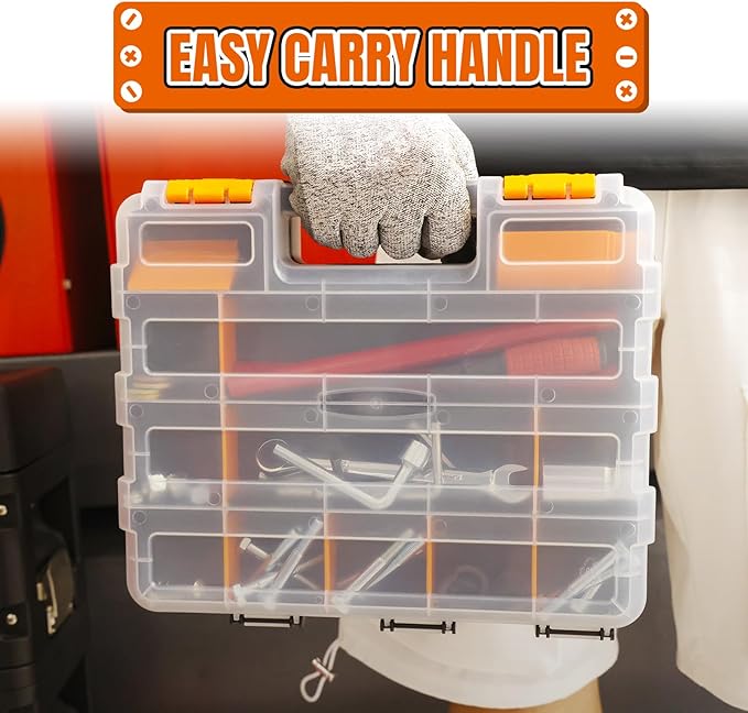 Tool Box with Transparent Lid, Double Side 34-Compartments Organizer Box with Removable Dividers for Hardware, Screws, Bolts, Nails, Beads, Jewelry and Fishing Accessories, Orange, 4 Pack