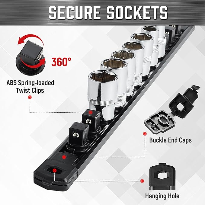 ALOANES 3-Piece Magnetic Socket Organizer, Heavy Duty Aluminum Socket Rails Organizer, 360째 Swivel Clips Socket Rail Set For Sockets Storage, 1/2-Inch Socket Holder x 36 Clips (Black)