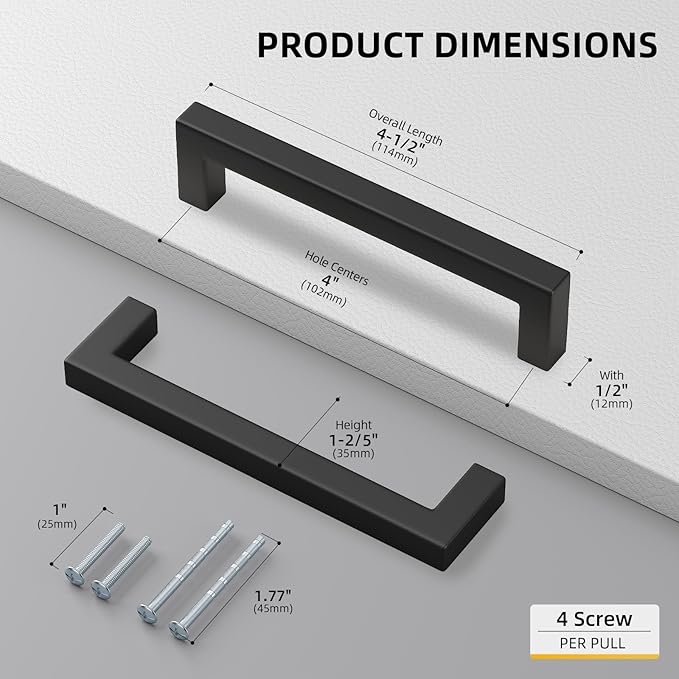Goldenwarm 45 Pack 4 Inch Black Cabinet Handles Matte Black Drawer Pulls Stainless Steel Cabinets Hardware Square Bar Modern for Kitchen Bathroom Cupboard