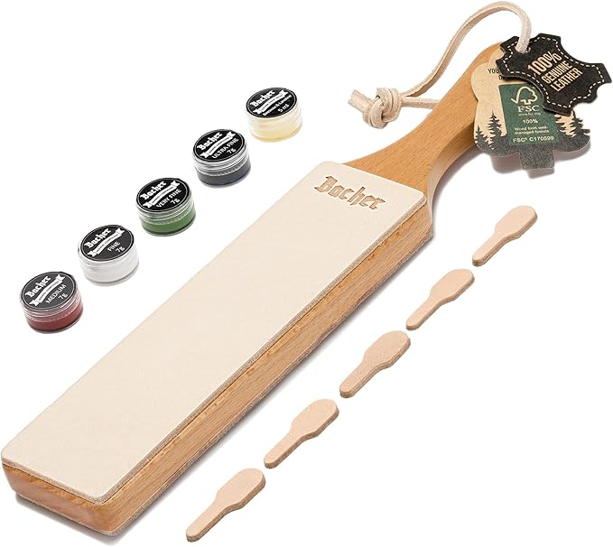 Bacher Premium Leather Strop for Knife Sharpening with Polishing Compound - Double Sided Stropping Leather ??Stropping Kit: Knife Strop and Stropping Compound for Wood Carving and Woodworking