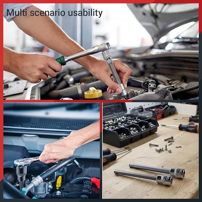 19-Piece 3/8 Inch Drive Extra Long Allen Hex Bit Socket Set, Standard SAE (1/8" - 3/8"), Metric (3mm-12mm), CR-V & S2 Alloy Steel Durable Tool Accessories Kit for Mechanics