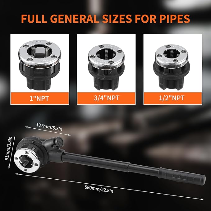 GQGP Ratchet Pipe Threader Kit, Plumber Pipe Threading Set, Portable Pipe Die Tool with 3 NPT Dies 1/2" NPT, 3/4" NPT 1" NPT Storage Case for Galvanized Steel Iron Copper Aluminum Pipes