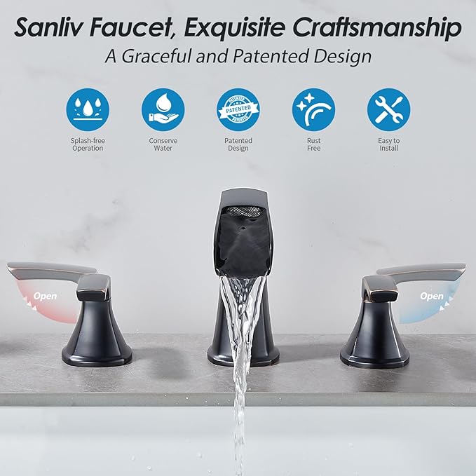 Oil Rubbed Bronze Waterfall Bathroom Faucet, Sanliv 3-Piece Widespread Bathroom Sink Faucets, 2-Handle Bronze Vanity Faucet for 3-Hole Sinks 4-8 Inch with Pop-Up Drain (ORB)
