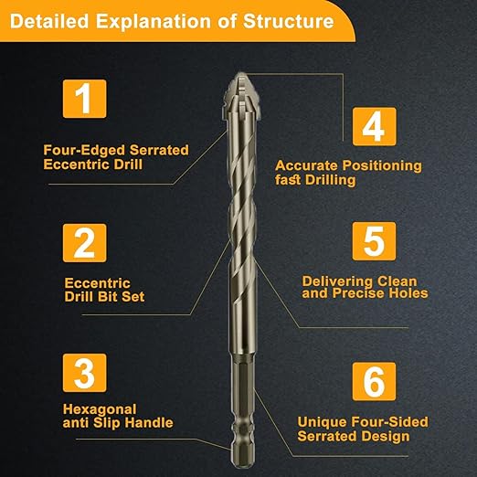 5 Piece Set of Four Flute Drill Bits High Hardness Eccentric Twist Drill Bits Set for Concrete Masonry Wood Stone Glass Ceramic Bricks Metal Plastic Sizes6/6/8/10/12