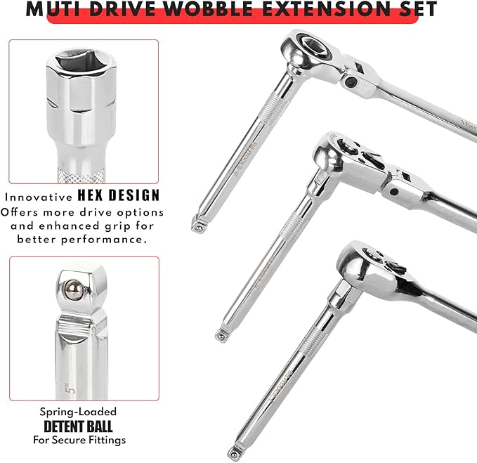 BILITOOLS 9-Piece Hex Wobble Extension Set, 2 in 1, 1/4 in, 3/8 in, 1/2 in, Chrome Vanadium Steel