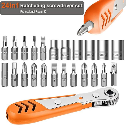 Right Angle Screwdriver 24 in 1 Ratchet Screwdriver Set with Mini Ratchet Wrench for Tight Spaces, Bike Repair & DIY Projects