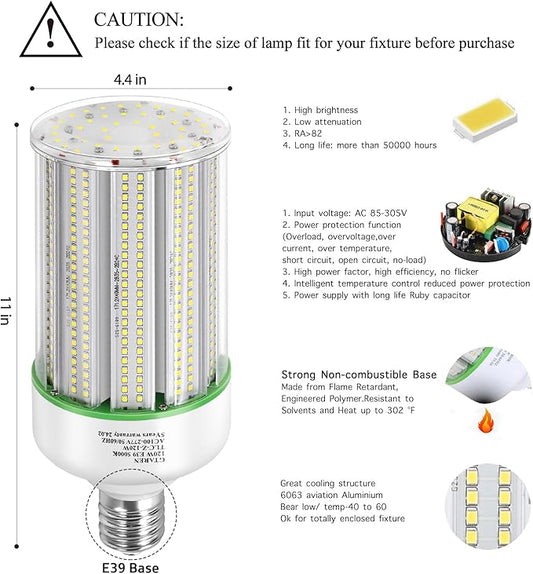 120W LED Corn Light Bulb 2pack,Replacement Metal Halide HPS CFL 500 Watt HID lamp,5000K E39 Mogul Base LED Corn lamp,for Area Lighting Wearehouse Factory Parking lot shoebox Bay Light