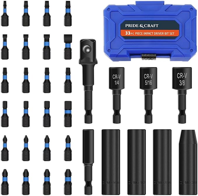 PRIDE&CRAFT 33 Pieces Impact Driver Bit Set, Impact Socket Set with Impact Socket Adapter, Drill Screwdriver Bit Set, Nut Driver Set Magnetic - S2 Steel Bits Set for Power Drills Tools Set